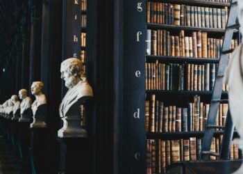 Lot buku di rak kayu hitam